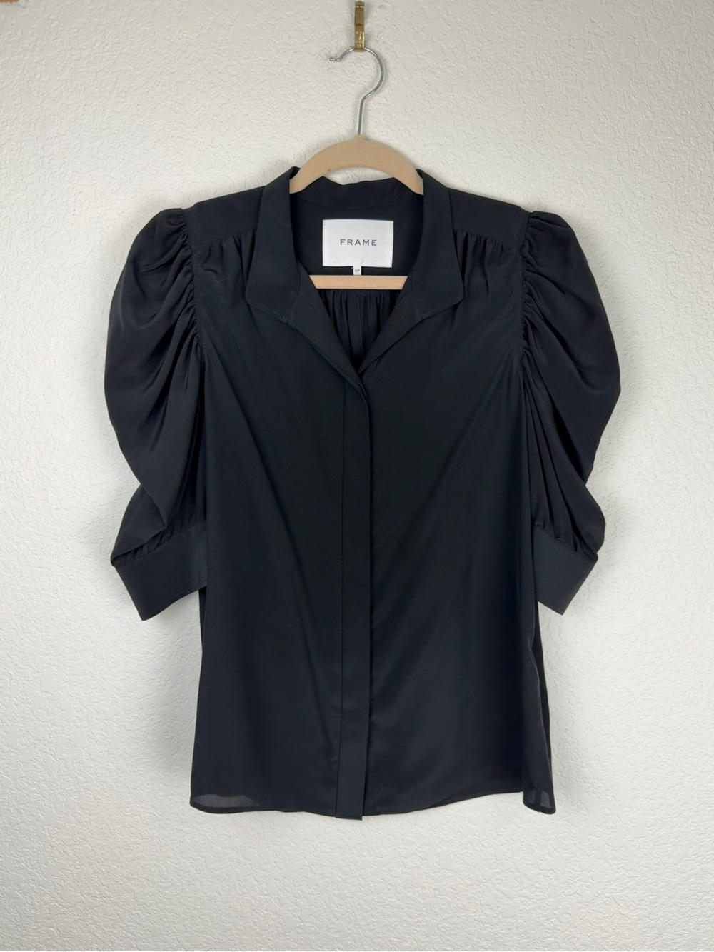 Frame Gillian Puff Sleeve Silk Top 3/4 Sleeve Button Up Black Small - Picture 14 of 15